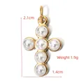 Golden stainless steel cross pendant featuring six inlaid pearls, size 2.1cm by 1.4cm - BXGPJ131-Pearl Cross Pendant