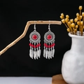 Bohemian silver drop earrings featuring bright red beads and detailed metal feathers - E5876-1 Red Hollow Feather
