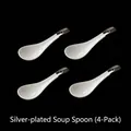 Set of 4 white ceramic soup spoons with elegant silver-plated handles on black background - Silver Plated Small Soup Spoon 4Pcs