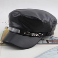 Chic black leather baker boy hat with rhinestone strap and silver metal buckle - One Size 58cm / Black Rhinestone Decor Style