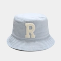 Detailed view of light blue bucket hat with plush letter R embroidery and textured fabric - M (56-58cm) / Light Blue