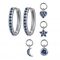 Silver S925 huggie earrings set with star, moon, heart and cross blue zircon charms - Blue Zircon Silver
