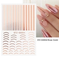 Detail of rose gold metallic nail stickers with stripes and curves on a model hand - STZ-GS004 Rose Gold Geometric Lines