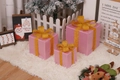 Three-piece pink glitter Christmas gift box set with gold ribbon bows and sequins - Laser Pink Christmas Gift Box