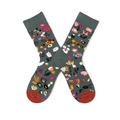 Detail of gray mid-calf socks with floral patterns and contrasting red cuffs and heels - One Size / Wildflower