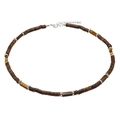 Collana bohémien con perline di legno marrone, pietre occhio di tigre e chiusura argento - Perla Occhio di Tigre