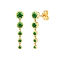 Detail view of gold linear drop earrings featuring five gradient green emerald stones - Gradient Five-Stone Long Dangle Earrings / Green (Gold Base)