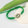 Handmade woven emerald green string bracelet with golden religious medal and rhinestones - Green