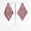 Silver drop earrings with dark red rhinstones in a hollow geometric diamond shape - Red (ERS-J3013R)