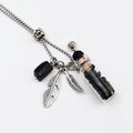 Collana flacone per aromaterapia in cristallo argento con pietra nera e ciondoli a piuma - Ossidiana