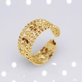 Adjustable golden stainless steel open ring featuring hollowed leaf and bead pattern - b12 Leaf Beads Hollow / Gold