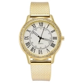 Women's quartz watch with gold mesh band, roman numerals dial and crystal bezel - Gold