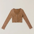 Macro detail of slim fit cardigan showing faded camouflage texture and U-neckline - S / Mustang Brown