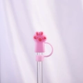 Pink silicone cat paw straw cover cap for 10mm drinking straws with secure ring - Pink Cat Paw