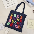Dark blue canvas tote bag featuring colorful chenille letter embroidery for work and school - Navy Blue