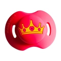 Rose red baby silicone pacifier featuring a yellow crown design and side breathing holes - Crown Pacifier / Red