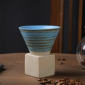 Blue and brown striped ceramic coffee dripper with beige cube base on wooden table - 200ml / Plain Blue