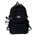 Black minimalist nylon school backpack with a cute white plush pendant accessory - No Pendant / Black