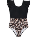 Detail of girls' leopard print swimsuit featuring black ruffled shoulder straps and pattern - 152 / Leopard Print