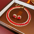 Luxury red square crystal necklace and stud earrings set with gold finish setting - Red
