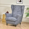 Elastic wingback chair cover in grey fabric with abstract black line pattern design - Heather Grey