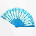 Elegant blue lace folding fan with plastic ribs and golden floral patterns on white background - Lake Blue