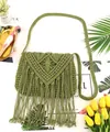 Detail of green macrame crossbody bag with geometric weave and long fringe tassels - Army Green