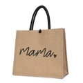 Jute tote bag with black rope handles featuring a mama text and heart design - Mama Lettering Print