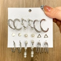 9-piece set of silver finish earrings including pearls, hoops and crystal studs - 9 Pairs Set-Silver Pearl Rhinestone Combo