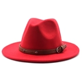 Detailed view of a red wool fedora with a brown leather band and metal buckle studs - M (56-58cm) / Red