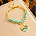 Pulsera de doble capa dorada con cuentas turquesas y colgante de palmera y perla - Conjunto de Tema Oceánico (B1425)