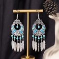 Detail of vintage silver bohemian drop earrings with turquoise and lapis blue beads - S4291 Blue Leaf Fringe Earrings