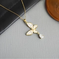 Elegant gold butterfly necklace with white enamel inlay and water drop zircon pendant - Butterfly Drop Zircon-Gold 0372JB