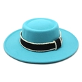 Detail of teal wool bolero hat featuring black grosgrain ribbon with pearl bead trim - Lake Blue