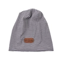 Striped knit beanie hat in black and white with a premium brown leather logo patch - One Size / Kids Grey & White Stripes