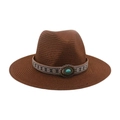 Chapeau fedora marron en paille avec broderie ethnique et pierre turquoise décorative - Chapeau de Paille Couleur Café (Pierre Bleue Ovale)