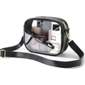 Vue détaillée du sac de stade en PVC transparent avec bordure noire et accents dorés - Noir