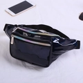 Holographic black patent leather waist bag with rainbow zipper and adjustable nylon strap - Black