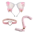 Detailed set of fluffy pink and white cat ears, heart choker and plush tail accessory - White Pink Mixed Cat Ears + Heart Choker + Tail