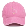 Close-up of silly goose embroidery on pink washed cotton baseball cap with high texture - Pink