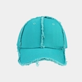 Macro detail of teal baseball cap showing distressed frayed edges on cotton twill fabric - Adjustable / Teal