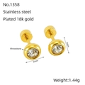 Dettaglio orecchini a lobo in acciaio inossidabile placcato oro 18k con strass 6mm - Stile Zirconia Bianca (ZE1358G-01)
