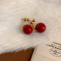 Close-up of vintage red circular bead earrings with elegant curved gold metal base - 21# Red Gold - Retro Curved Bead (Silver Earring Post)