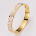 Golden 304 stainless steel bangle with white enamel diamond pattern and hinge clasp - White Enamel