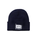 Detail of navy knit beanie featuring high-quality white anime girl embroidery and Japanese text - M (56-58cm) / Navy Blue