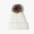 Winter white ribbed knit beanie for women with large fluffy brown pom-pom - One Size / White