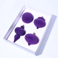Set of four deep purple flocked Christmas ornaments with elegant vertical striped texture - 4 Pieces / Purple