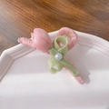 Pink satin tulip flower hair clip with green ribbon bow and iridescent bead decor - Pearl Pink Hair Claw