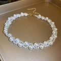 Luxe freshwater pearl and clear crystal beaded necklace with golden adjustable clasp - White Snake Shape Splicing