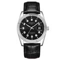 Luminous quartz watch with black leather strap and rhinestone markers on black dial - Black Strap Silver Case Black Dial Men's